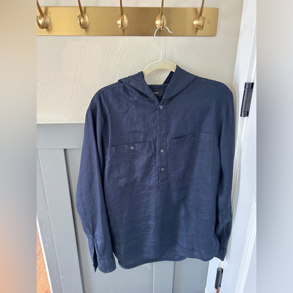 Vince Navy Hooded Button-Front Linen Pullover